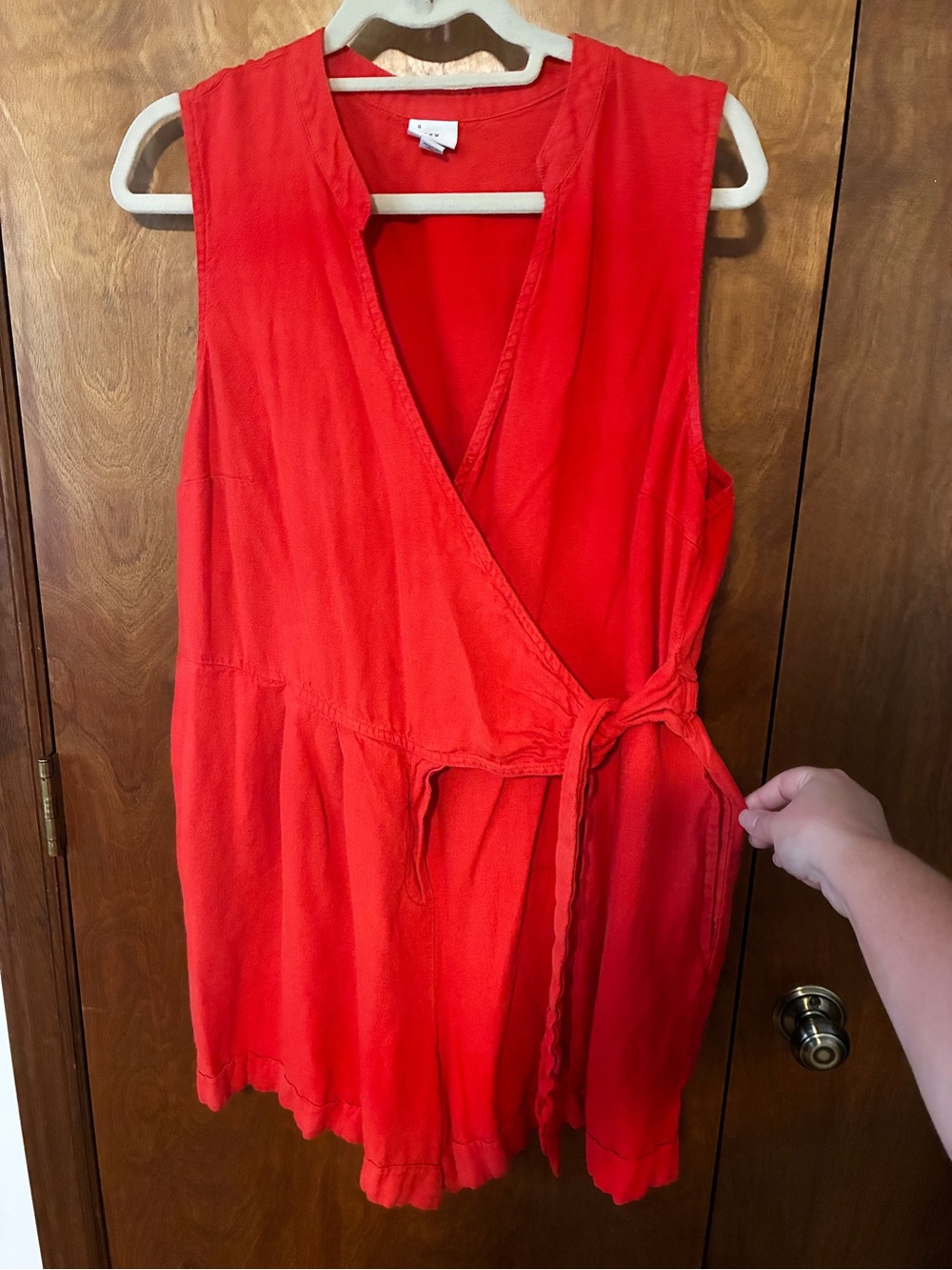 a new day Red Sleeveless Wrap Romper with Tie Waist Linen Blend